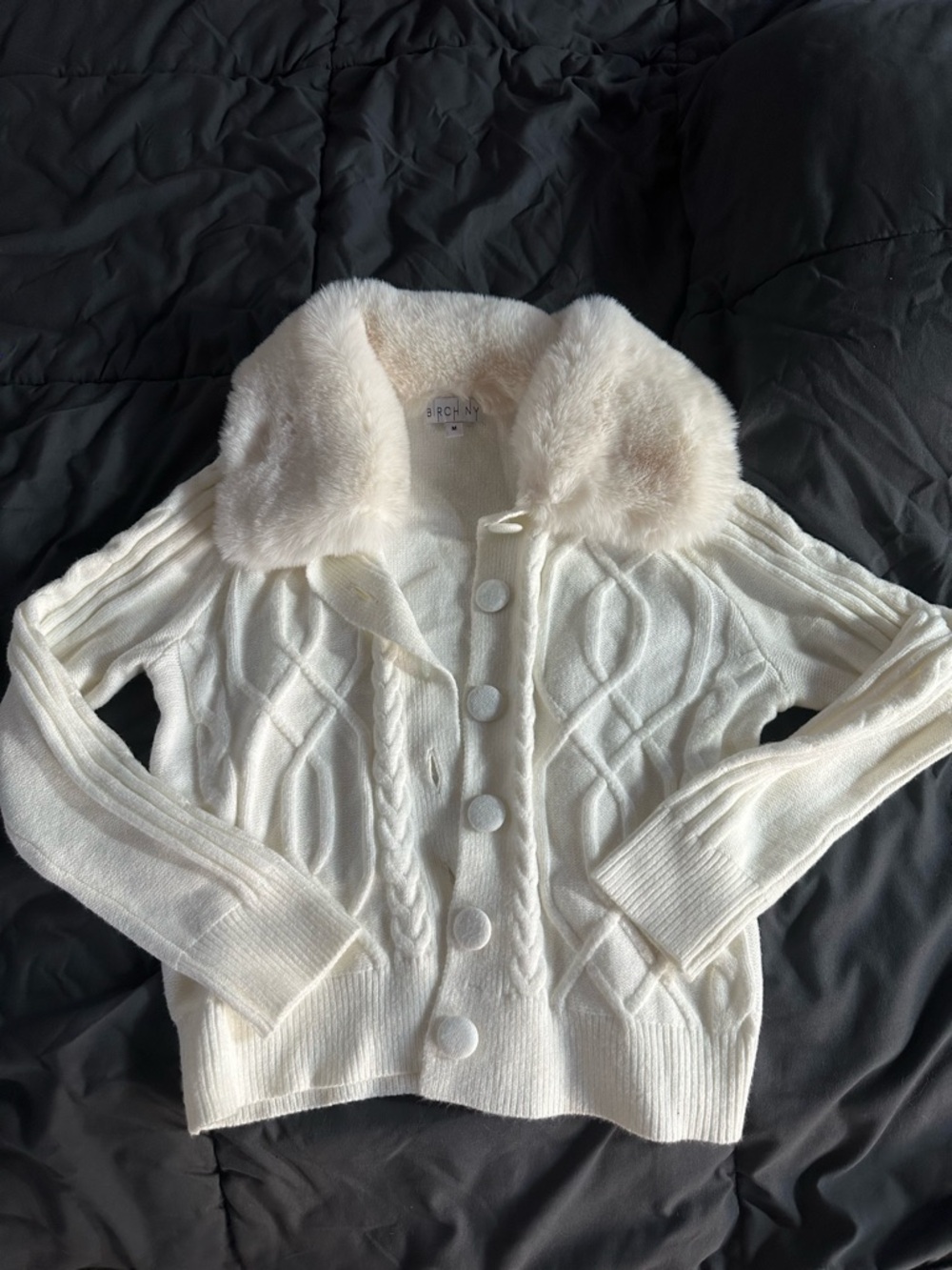Bronx Cream Cable Knit Cardigan with Faux Fur Collar